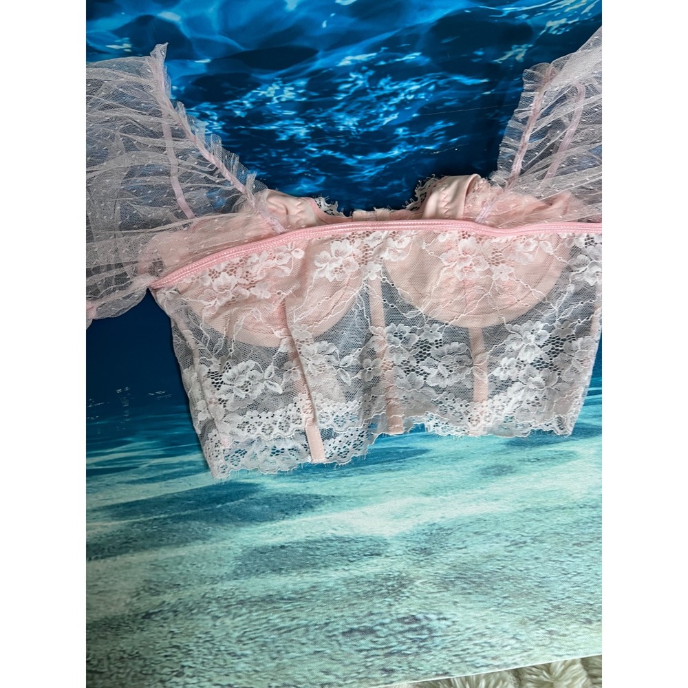 Pink Floral Lace Corset Bustier Top Off Shoulder Mesh Puff Sleeve Coquette SizeL - Picture 7 of 10